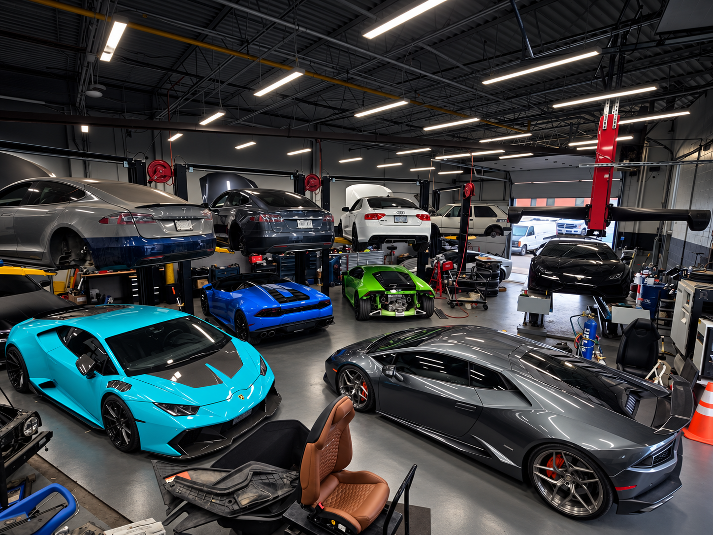 MGMT Autoworks workshop with Tesla, Lamborghini and Audi vehicles undergoing service and performance work