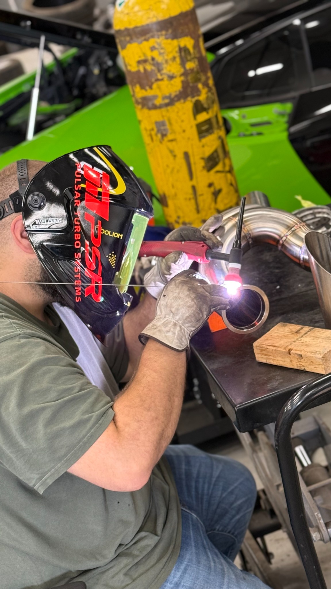 Welding pipework for the twin-turbo build.